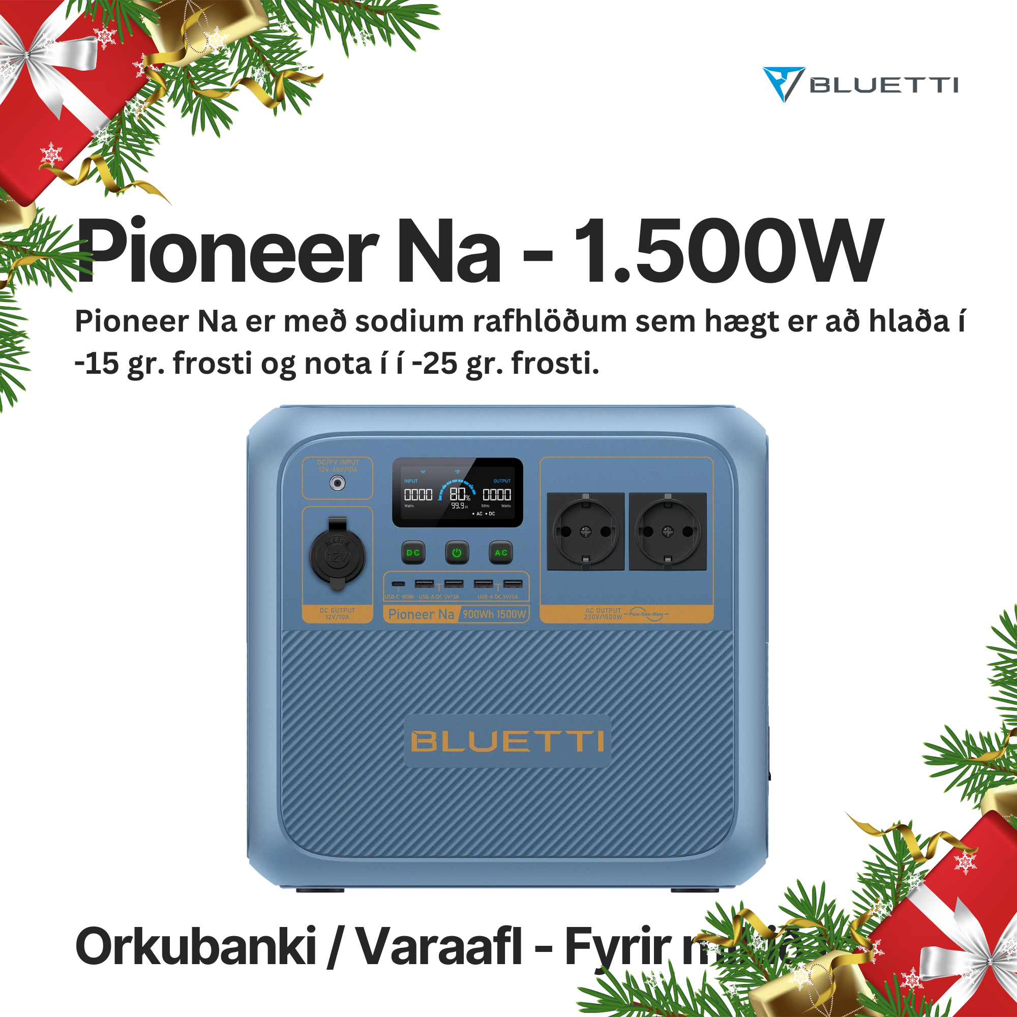 BLUETTI Pioneer Na Sodium | 1.500W 900Wh - Fullkominn fyrir mikinn kulda!